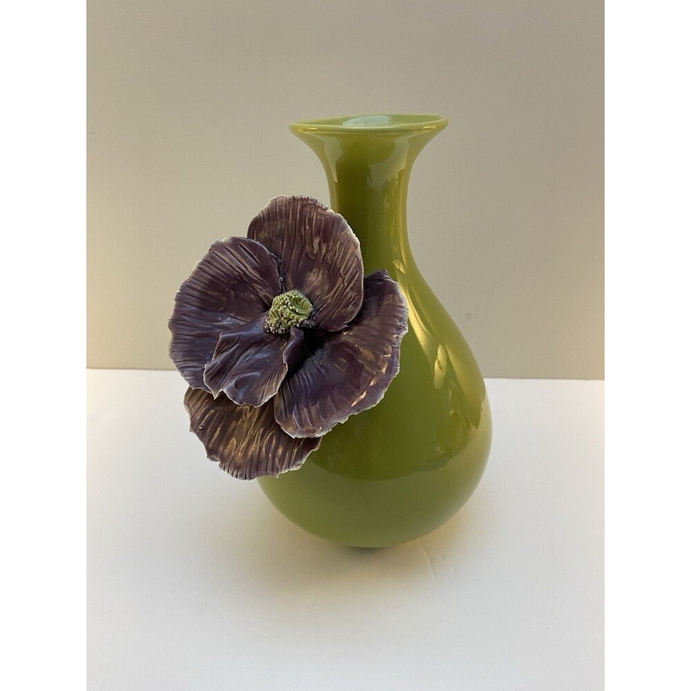 Anthropologie Rose of Sharon Bloom Chartreuse Green Vase Applied Purple Flower - Picture 6 of 6